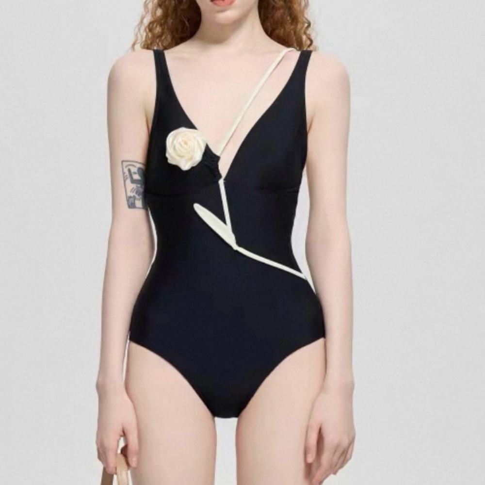 Elegant Black and Cream One-Piece Swimsuit